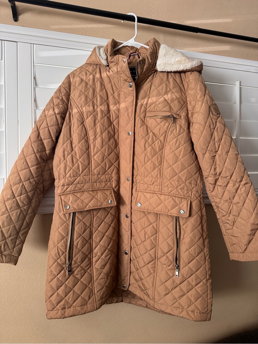 Tommy Hilfiger Quilted Tan Puffer Coat with Sherpa Hood Trim